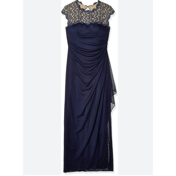 Womens Alex Evenings Dress Holiday Formal Navy Lace Cap Ruched Chiffon size 14 - Picture 2 of 15